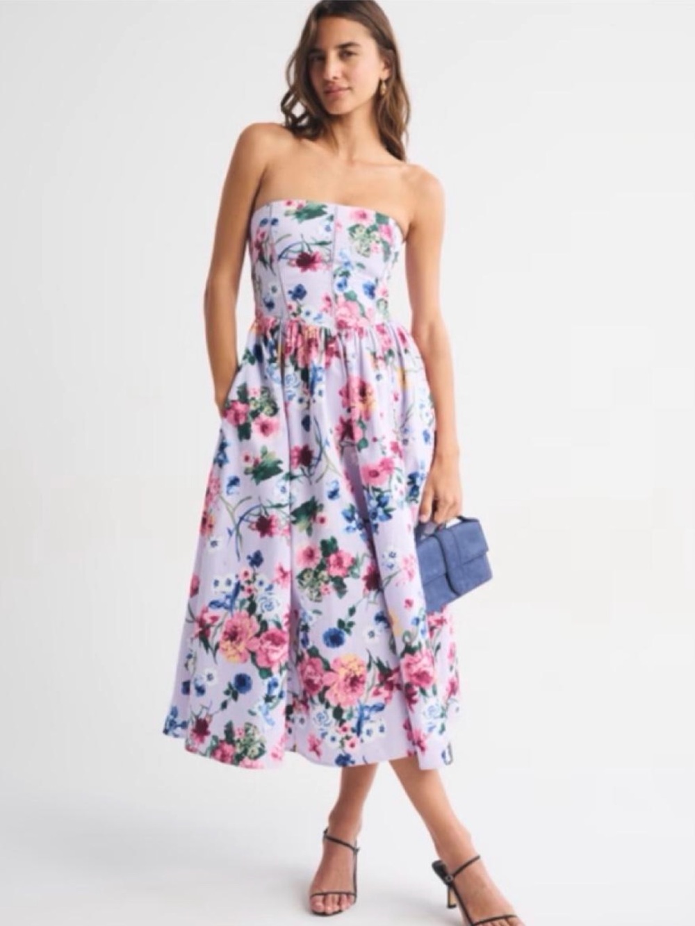 A&F Strapless Lavender Floral Midi Dress Size: XSP